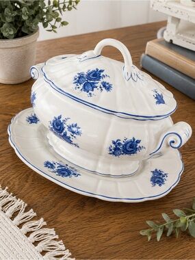 Vintage Louçarte Portugal Blue Floral Covered Tureen w/ Underplate